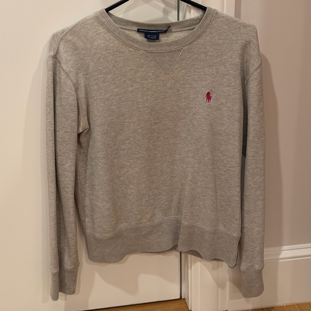 Ralph Lauren Light Gray Crewneck Sweatshirt with Pink Pony Logo
